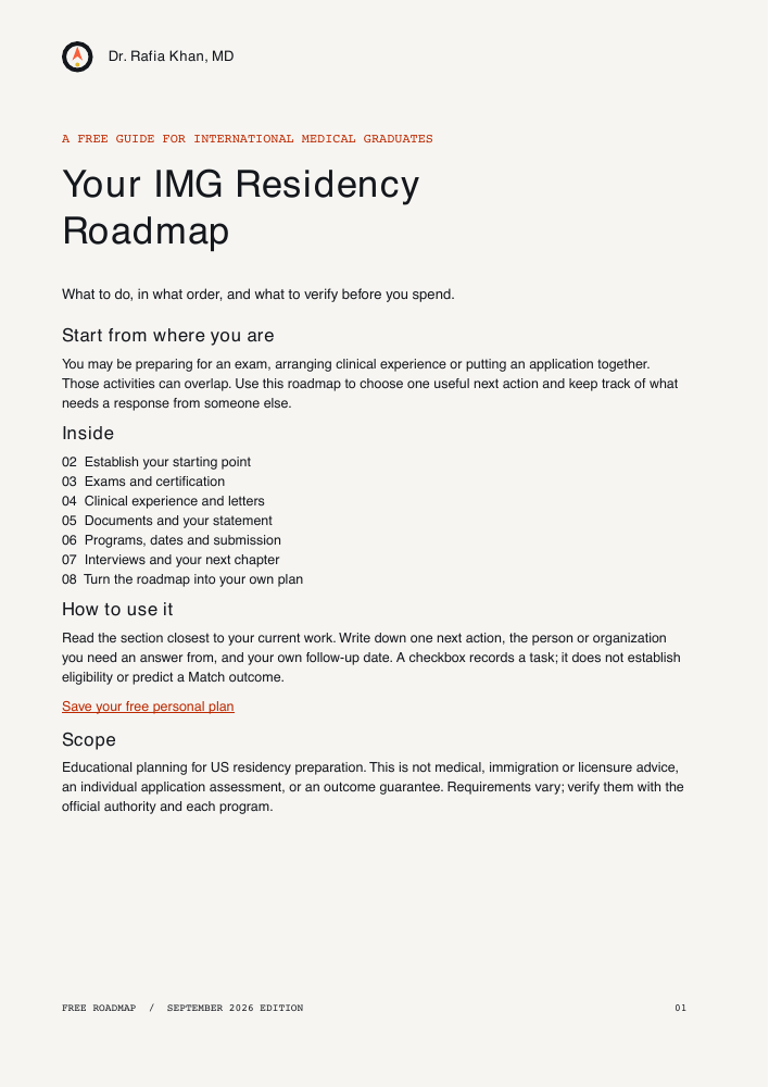 Cover of Your IMG Residency Roadmap, the eight-page free guide